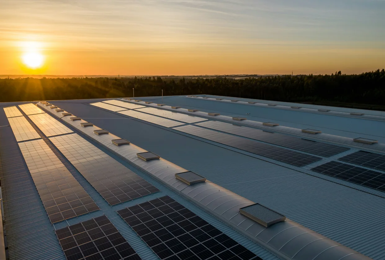 Paneles solares en el techo de una nave industrial al atardecer