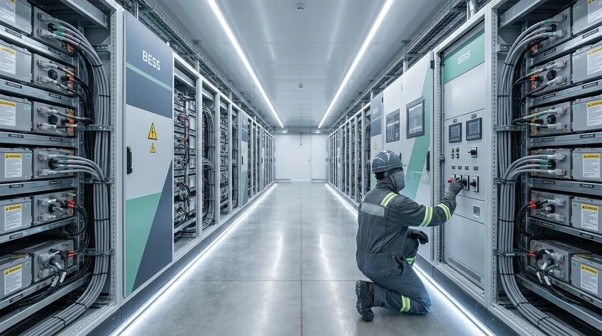 Técnico operando sistema de almacenamiento BESS — Ecotecnia Solar