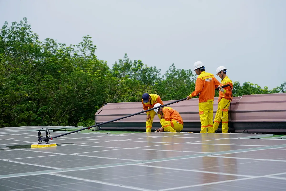 Técnicos con casco limpiando paneles solares con un cepillo de pértiga