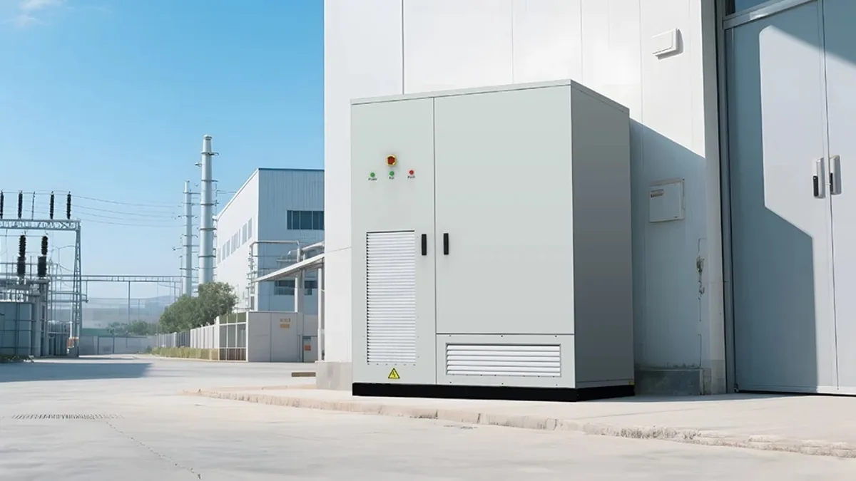 Gabinete de baterías para almacenamiento de energía junto a una nave industrial